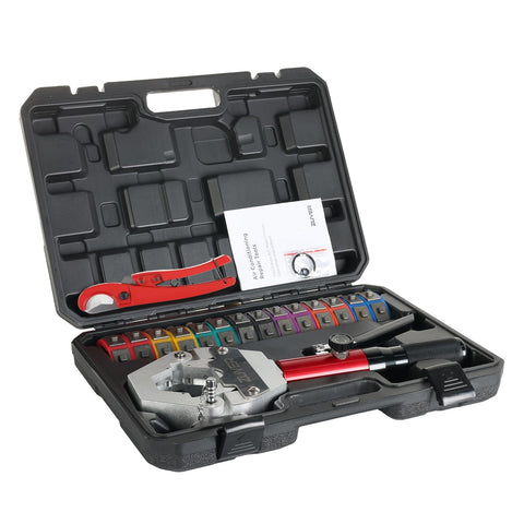 Manual AC Hose Crimper Kit With Pipe Cutter And Seven Dies, Complete Die Set In Case, shown open in carrying case.