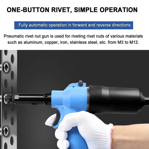 No Nonsense Heavy Duty Pneumatic Rivet Nut Pliers Set With M3 To M12 Tips And 7mm Adjustable Stroke in use on metal.