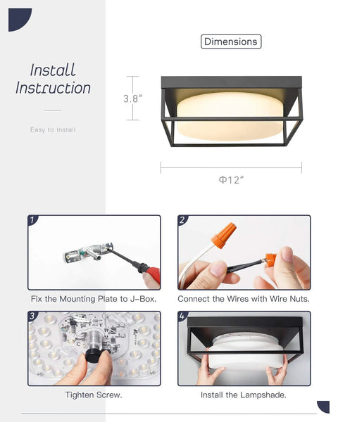 Installation guide for Black Square Flush Mount Ceiling Light With Frosted Glass Shade 12 Inch Slick Modern LED Fixture.