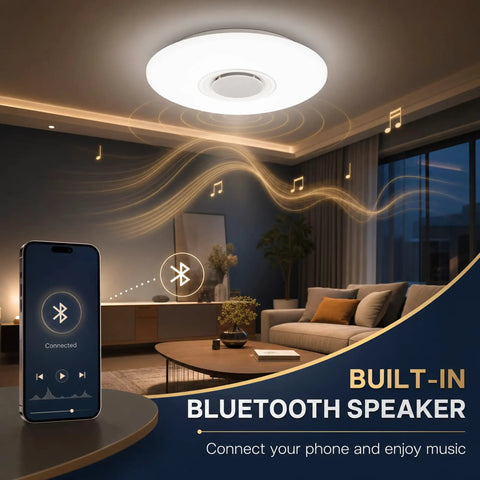 Dimmable 15 Inch LED Ceiling Light With Bluetooth Speaker, 24W, App Control Via Smartphone, Flush Mount Bedroom Fixture shown illuminated in living room.