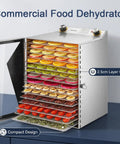 Powerful 800W Food Dehydrator Machine with open door showing 18-layer stainless steel trays filled with assorted fruit slices.