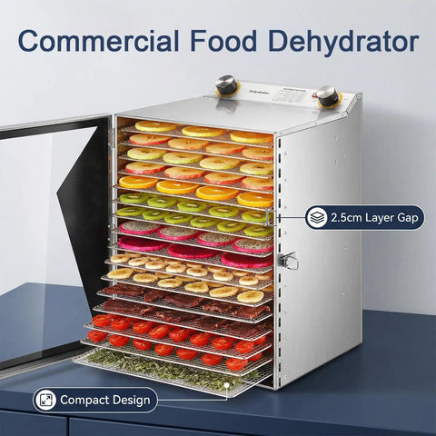 Powerful 800W Food Dehydrator Machine with open door showing 18-layer stainless steel trays filled with assorted fruit slices.