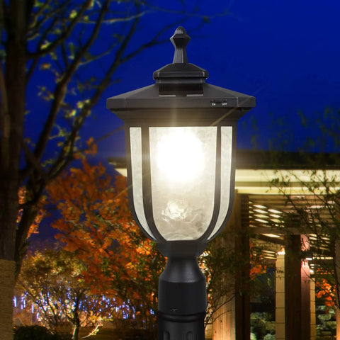 Illuminated outdoor post with 60 LED Solar Pineapple Hanging Lantern Light For Outdoor Garden And Patio, night scene.