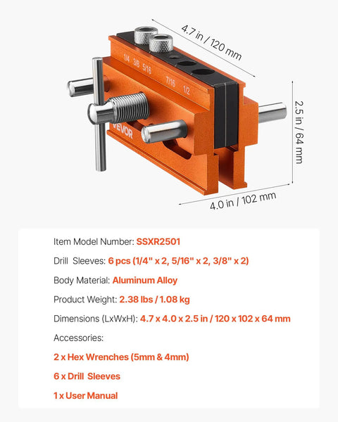 Knockout Self Centering Dowel Drill Jig Kit For Woodworking With Adjustable Width Clamps And Precision Guide Bushings crafted from aluminum alloy measuring 4.7 x 2.5 inches.