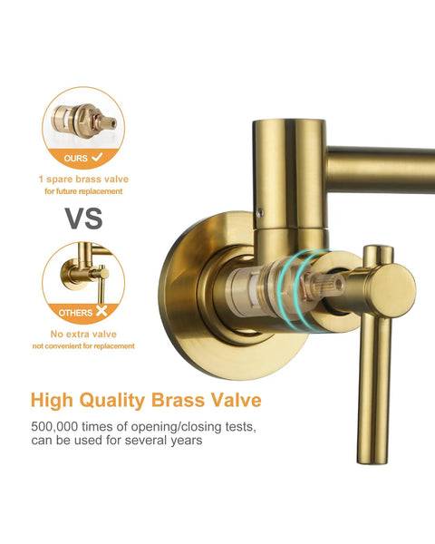 Gold Brass Pot Filler Faucet With Two Handles Wall Mount Single Hole Stretchable Swing Arm Double Joint Above Stove Lead Free Solid Brass Kitchen Fixture valve comparison
