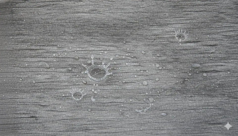 Close-up of gray teak wood surface with water droplets, highlighting waterproof feature of CoastalVogue 12 Inch Teak Shower Stool.