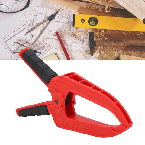 Grippy Woodworking Spring Clamp with Long Flat Nose for Precise Glue Ups and Fixture Work, plastic handle, heavy duty metal spring, red