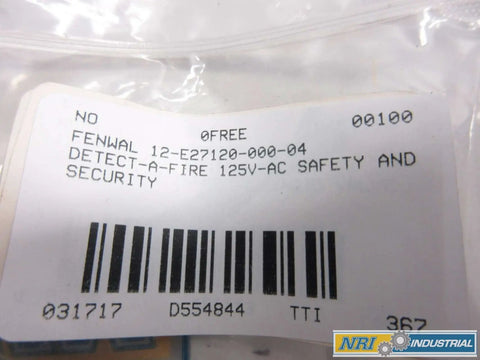 Label of Detect-A-Fire 12-E27120-000-04 showing barcodes and specifications for safety and security use.