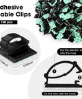 Close-up of 100 Pieces Adhesive Cable Clips For Wall Under Desk Car Office And Home, showing size and wire placement guide.