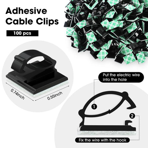 Close-up of 100 Pieces Adhesive Cable Clips For Wall Under Desk Car Office And Home, showing size and wire placement guide.