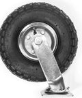 Hella Solid 4 Piece 10 Inch Pneumatic Caster Wheel Set With Two Rigid And Two Swivel Units close-up of black rubber tire and metal bracket.