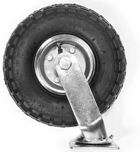 Hella Solid 4 Piece 10 Inch Pneumatic Caster Wheel Set With Two Rigid And Two Swivel Units close-up of black rubber tire and metal bracket.