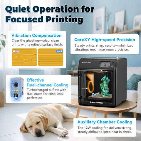 Pro Grade CoreXY 3D Printer With 600mm/s High Speed, 280C Quick Swap Hotend, silent operation and camera, living room setting