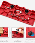 Image of a 35mm Hinge Hole Jig Drill Guide Set, featuring red plastic jig, metal rods, and adjustable dials, for woodworking experts.