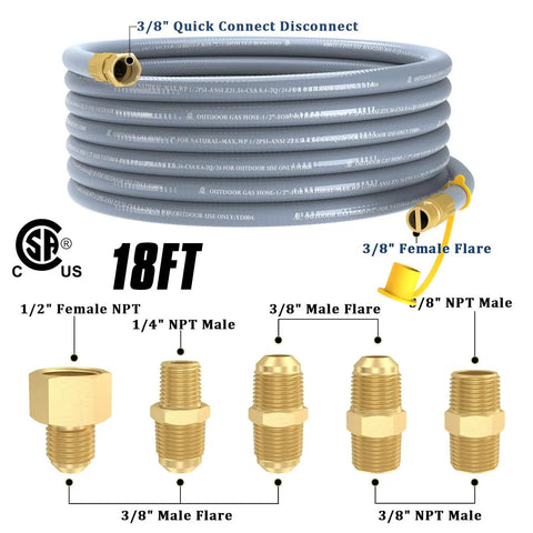 18 Ft Natural Gas Hose With Quick Connect For Propane To Natural Gas Conversion, Low Pressure LPG Hose With Five Adapter Fittings