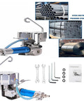 Pro Grade Pneumatic Steel Strapping Machine Featuring Heavy Duty Tensioner Cutter Sealer And Handheld Banding Tool in a warehouse setting.