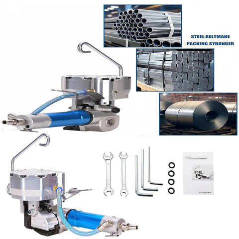 Pro Grade Pneumatic Steel Strapping Machine Featuring Heavy Duty Tensioner Cutter Sealer And Handheld Banding Tool in a warehouse setting.