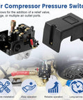 Air Compressor Pressure Switch 95-125 PSI 20A Replacement With 4 Port 1/4 NPT Unloader Valve, durable plastic cover shown.