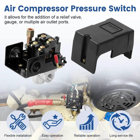 Air Compressor Pressure Switch 95-125 PSI 20A Replacement With 4 Port 1/4 NPT Unloader Valve, durable plastic cover shown.