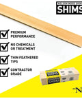 Rock Solid Wood Shims Pack Of Twelve Beddar Wood Door And Cabinet Leveling Wedges Split Resistant Nail Ready showing uncut shim and packaging.