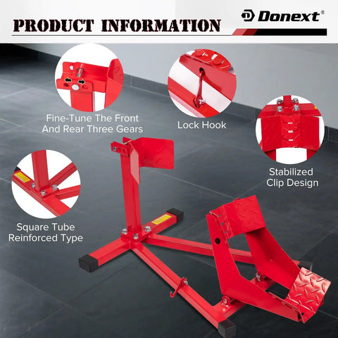 Heavy Duty Motorcycle Wheel Chock And Front Tire Stand For 17 To 21 Inch Rigs Adjustable 1500 Lb Capacity Red Steel Trailer Stand