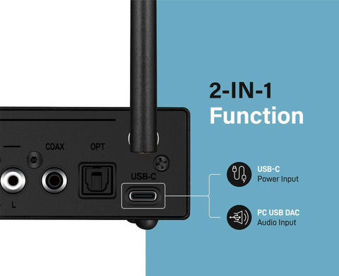 Back panel of XLR Bluetooth Receiver V5.1 with LDAC and aptX HD, showing RCA, Coax, Optical outputs, USB-C port function.