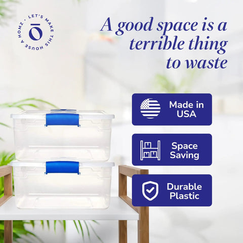 Super Sturdy Clear Under Bed Storage Bins With No Sweat Snap Lids 15.5 Quart Heavy Duty Plastic Organizers 16 Pack stacked on shelf.