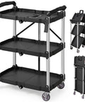 Foldable Utility Service Cart With 3 Shelves Heavy Duty Plastic Rolling Cart Holds 165 Lbs 360 Degree Swivel Wheels Two With Brakes