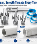 Pro Grade Pvc Pipe Threading Tool With 1 2 3 4 And 1 Inch Die Heads creating clean smooth threads on PVC pipe fixtures.