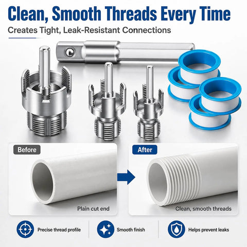 Pro Grade Pvc Pipe Threading Tool With 1 2 3 4 And 1 Inch Die Heads creating clean smooth threads on PVC pipe fixtures.