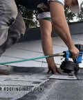 Heavy Duty Roofing Nailer Built To Take Heat While Delivering Consistent Drive Power For Snappy 15 Degree Wire Collated Nailing On Every Residential Project Out There in use on a roof.