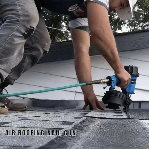 Heavy Duty Roofing Nailer Built To Take Heat While Delivering Consistent Drive Power For Snappy 15 Degree Wire Collated Nailing On Every Residential Project Out There in use on a roof.