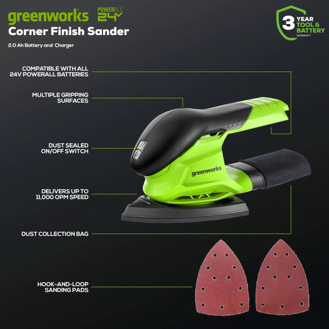 Cordless 24V Mouse Detail Sander With 11,000 OPM Orbit, Pro Grade Lightweight Wood Sander shown with dust bag and pads