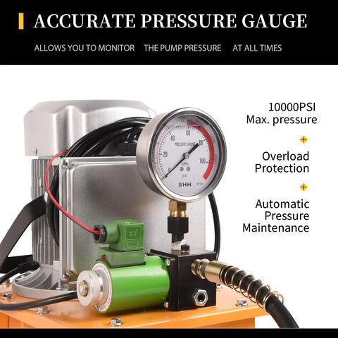 Beefy 750W Electric Hydraulic Pump Power Pack Unit 110V with pressure gauge and solenoid valve, 10000 PSI displayed