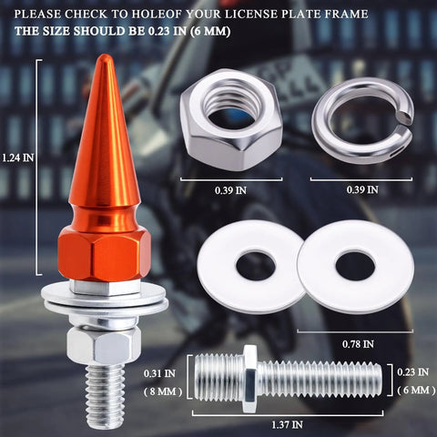 Spike License Plate Screw Fasteners Kit with orange 1.24in spike bolt, nuts, washers, 6mm thread for vehicles