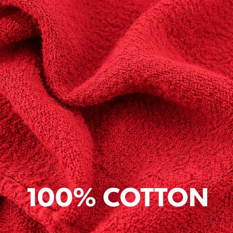 Close-up of red 100% cotton shop towel fabric showing texture, part of Extra Absorbent 13x17 Inches 12 Pack 100 Percent Cotton Shop Towels.