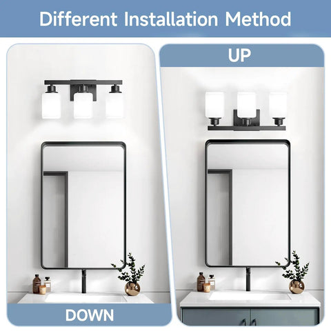 Straight Up Solid 3 Light Bathroom Vanity Lights With Square Frosted Glass Shades Matte Black Wall Sconces for mirror, showing 2 installation methods.