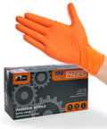 Extra Thick 8 Mil Orange Nitrile Work Gloves Heavy Duty Disposable Knit Cuff For Mechanics And Tradesmen bulk pack with glove reaching out.