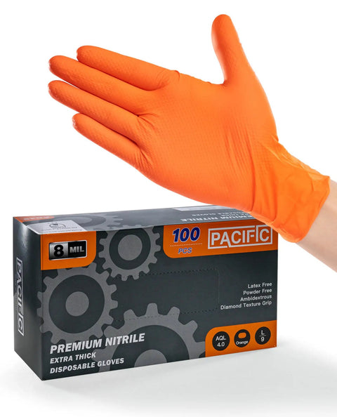 Extra Thick 8 Mil Orange Nitrile Work Gloves Heavy Duty Disposable Knit Cuff For Mechanics And Tradesmen bulk pack with glove reaching out.