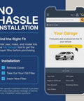 Instruction guide for Odor Defense Breathe Easy Cabin Filter installation with phone display showing vehicle fitment tool.