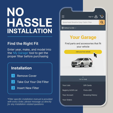 Illustration of installation steps for Odor Defense Breathe Easy Activated Carbon Cabin Air Filter For BMW, featuring a car diagram on a phone screen.