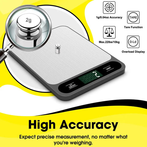 Digital Kitchen Scale 10kg 22lb With Tare And 1g Resolution, stainless surface, 2g weight on display, high accuracy.