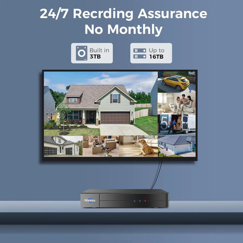 4K Wired Security Camera System With Audio And Color Night Vision, 3TB Hard Drive, DVR displaying multiple surveillance views