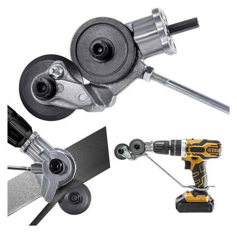 Plate Cutter Nibble Drill Attachment Workhorse for cutting iron, steel, copper, and aluminum sheet metal with precise head.