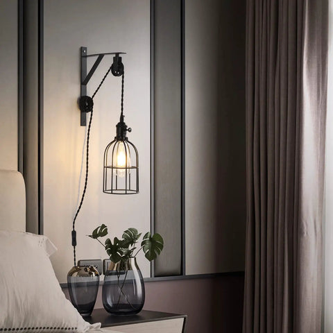 Industrial Pulley Wall Lights Set Of 2 With Iron Cage Farmhouse Sconce Lamps Plug In 15 Foot Cord And Switch Adjustable Hanging Wall Lights That Give Your Living Room Or Bedroom A Cool Rustic Farmhouse Vibe