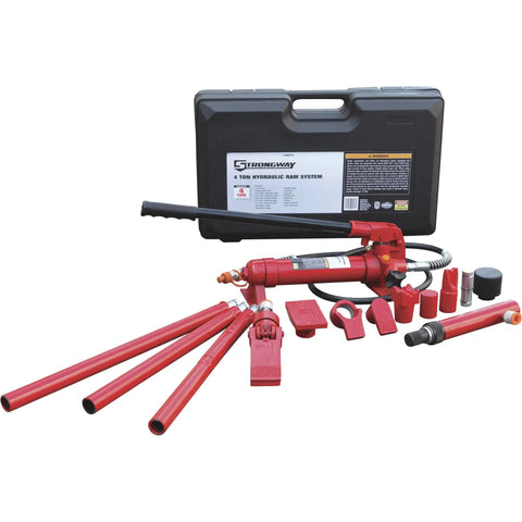 Heavy Duty Hydraulic Portable Ram Kit 4 Ton Capacity 17 Piece Set High Grade Steel Built Like A Tank Top Shelf Rust Resistant Coating Auto Return Pump For Rough Shop Work And Heavy Lifts