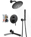 Matte Black Shower System with 8-Inch Rain Shower Head 3 Function Faucet Tub Spout Handheld Spray Rough In Valve No Fuss Install
