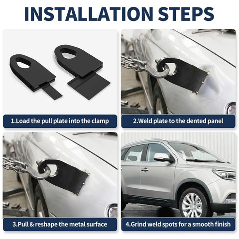 Installation steps for Universal Auto Body Pull And Weld Clamp Set 7Pcs showing clamp use on car panel for dent repair.