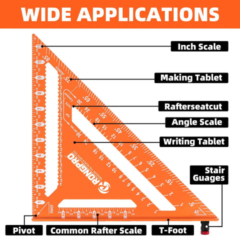 Wide applications of Rock Solid 2 Piece Rafter Square Set Featuring 12 Inch And 7 Inch Carpenter Squares detailed ruler scales.