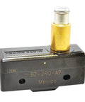 Dang Solid SPDT Microswitch Featuring A Knockout Overtravel Plunger Actuator With Screw Terminals And 15 Amp Rated At 250 VDC, black plastic body, gold plunger.